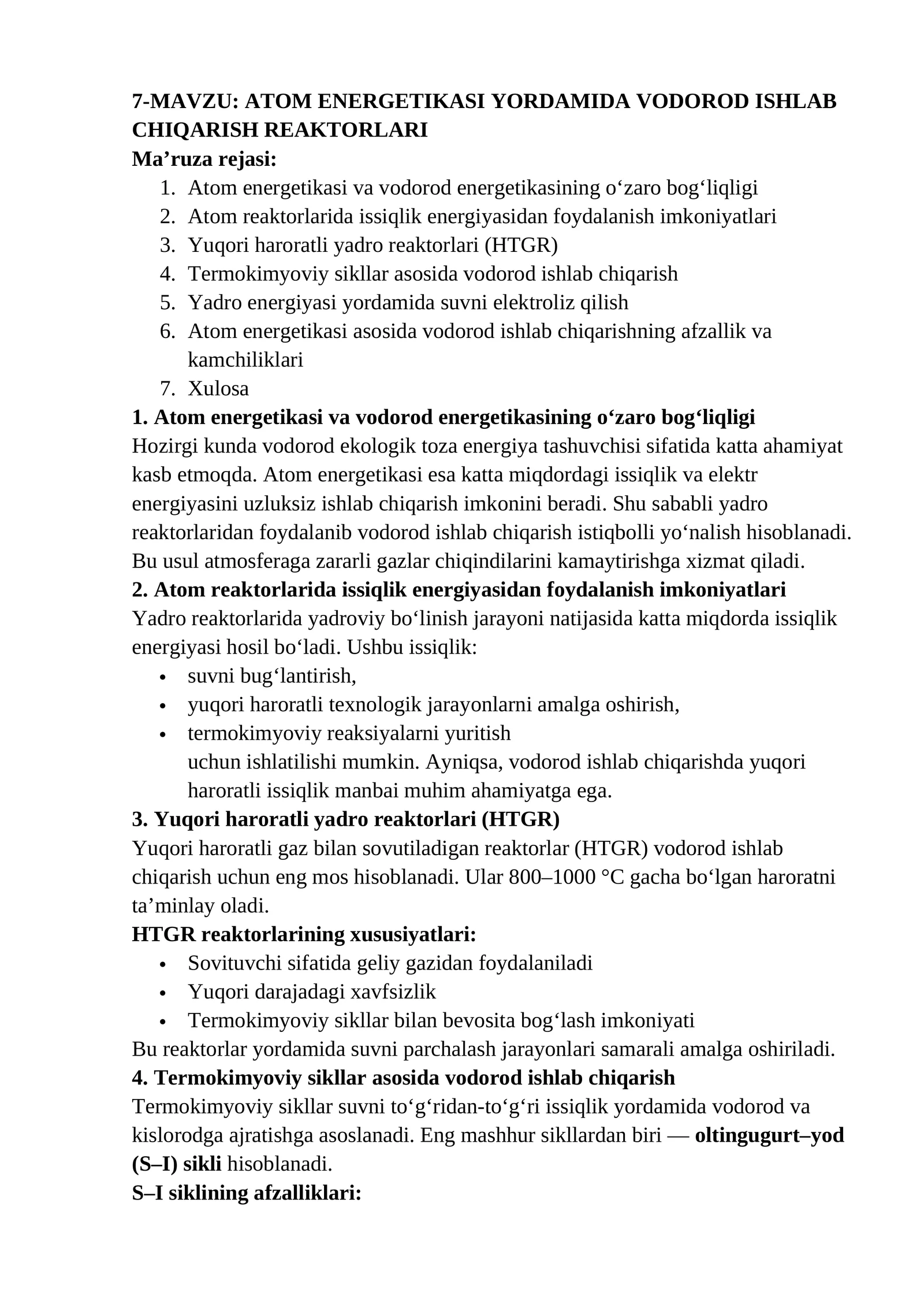 ATOM ENERGETIKASI YORDAMIDA VODOROD ISHLAB CHIQARISH REAKTORLARI