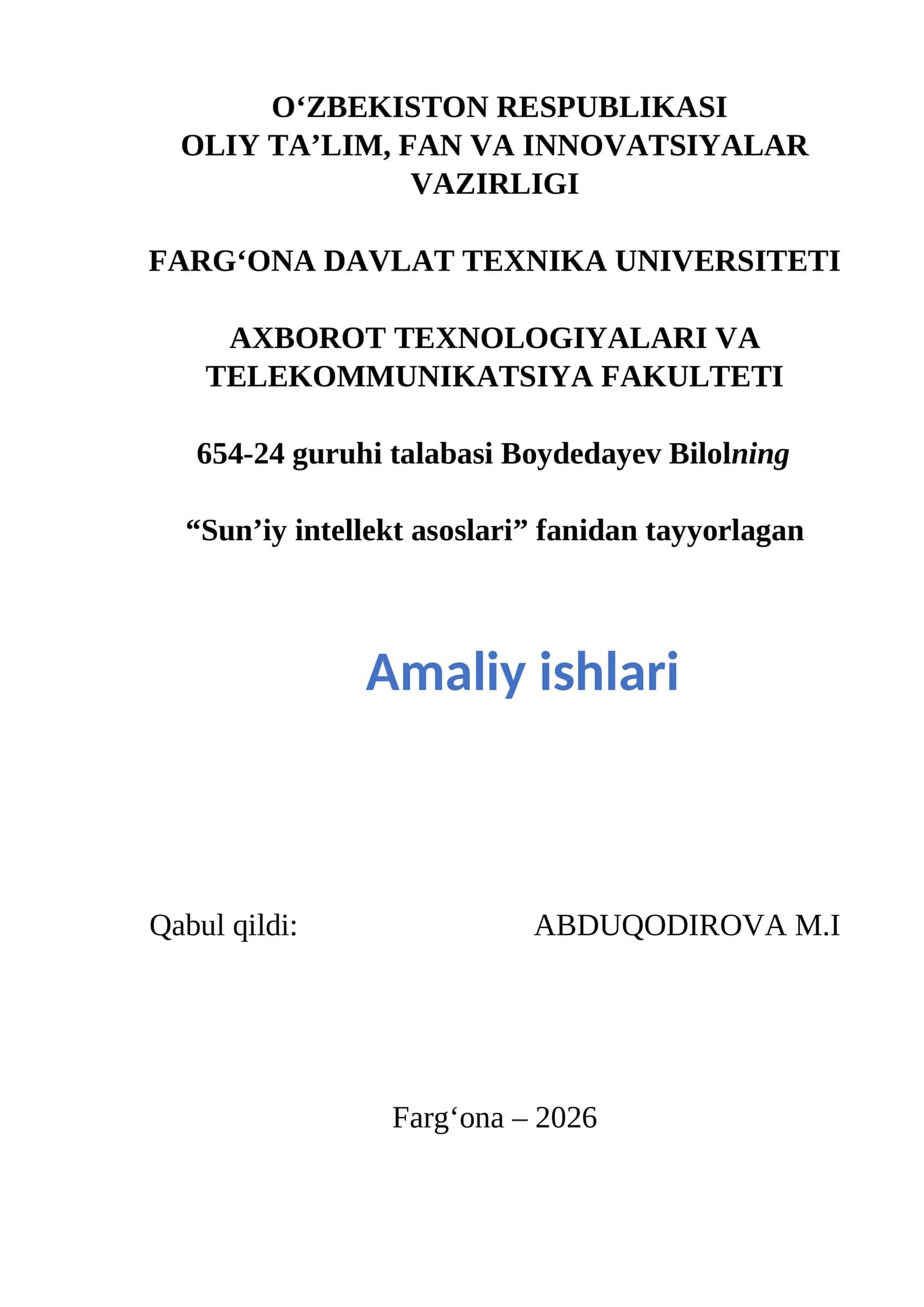 Sun'iy intelekt asoslari  amaliy ishlar toplami 2 kurs talabalari uchun