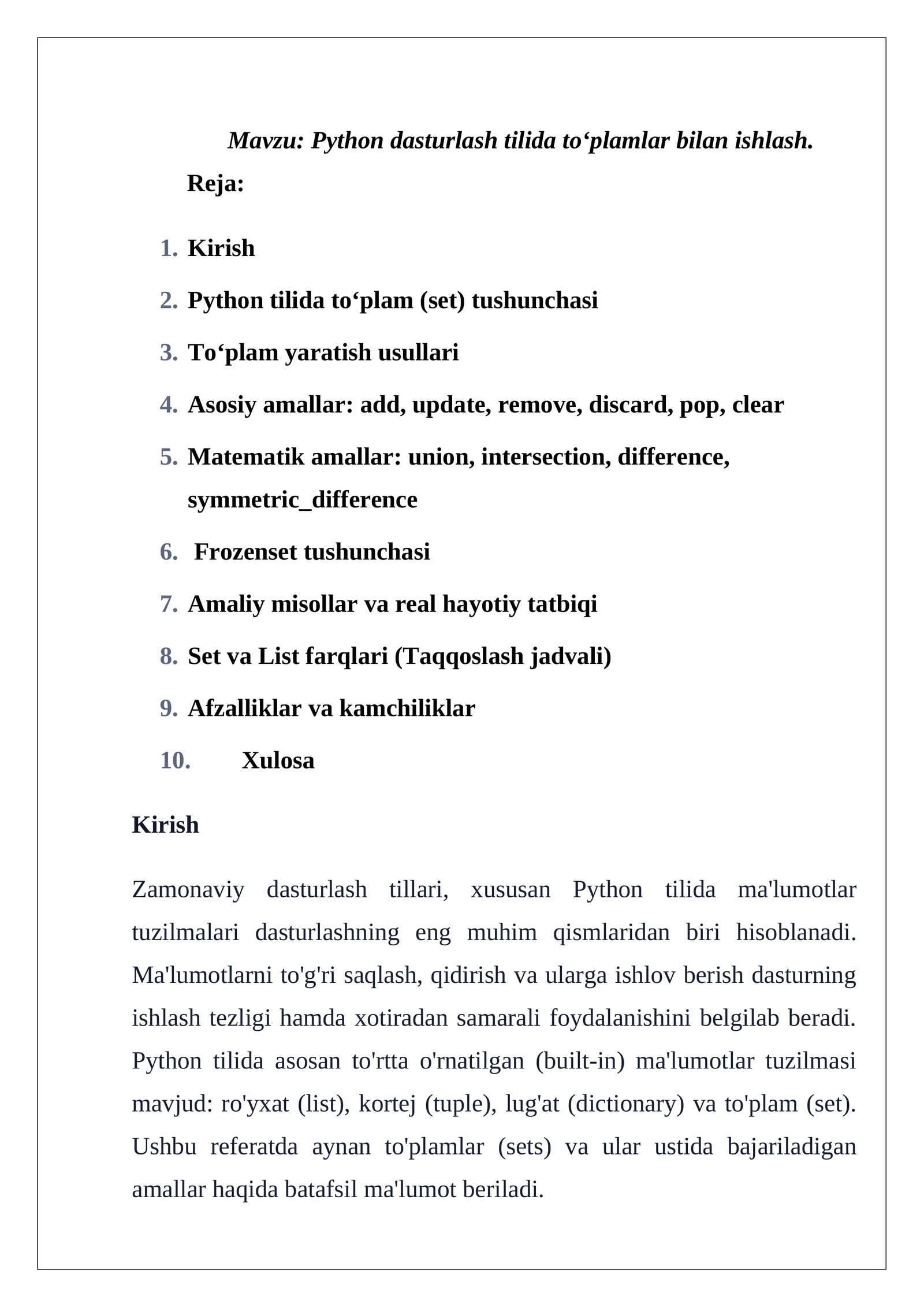 Python dasturlash tilida to‘plamlar bilan ishlash