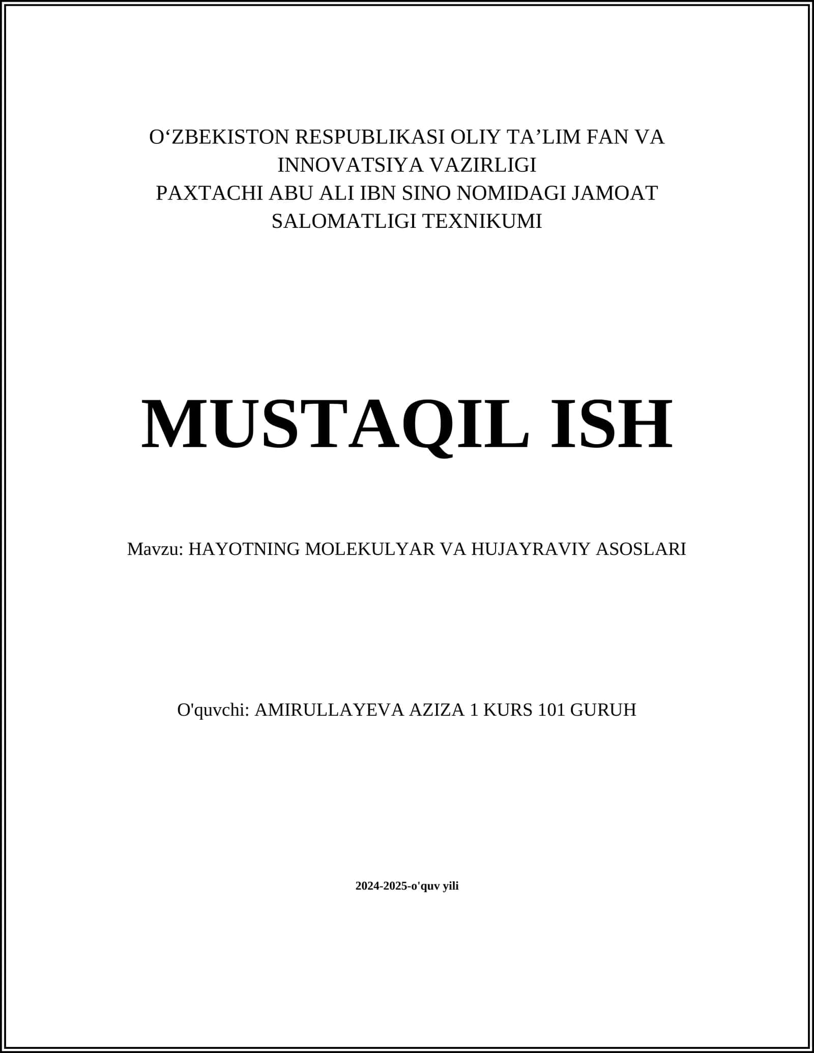 HAYOTNING MOLEKULYAR VA HUJAYRAVIY ASOSLARI