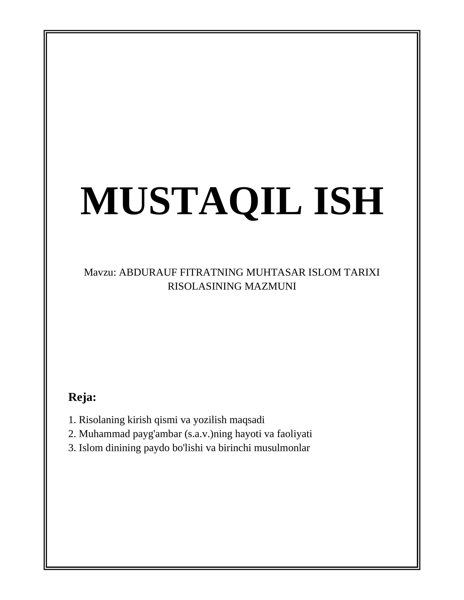 ABDURAUF FITRATNING MUHTASAR ISLOM TARIXI RISOLASI