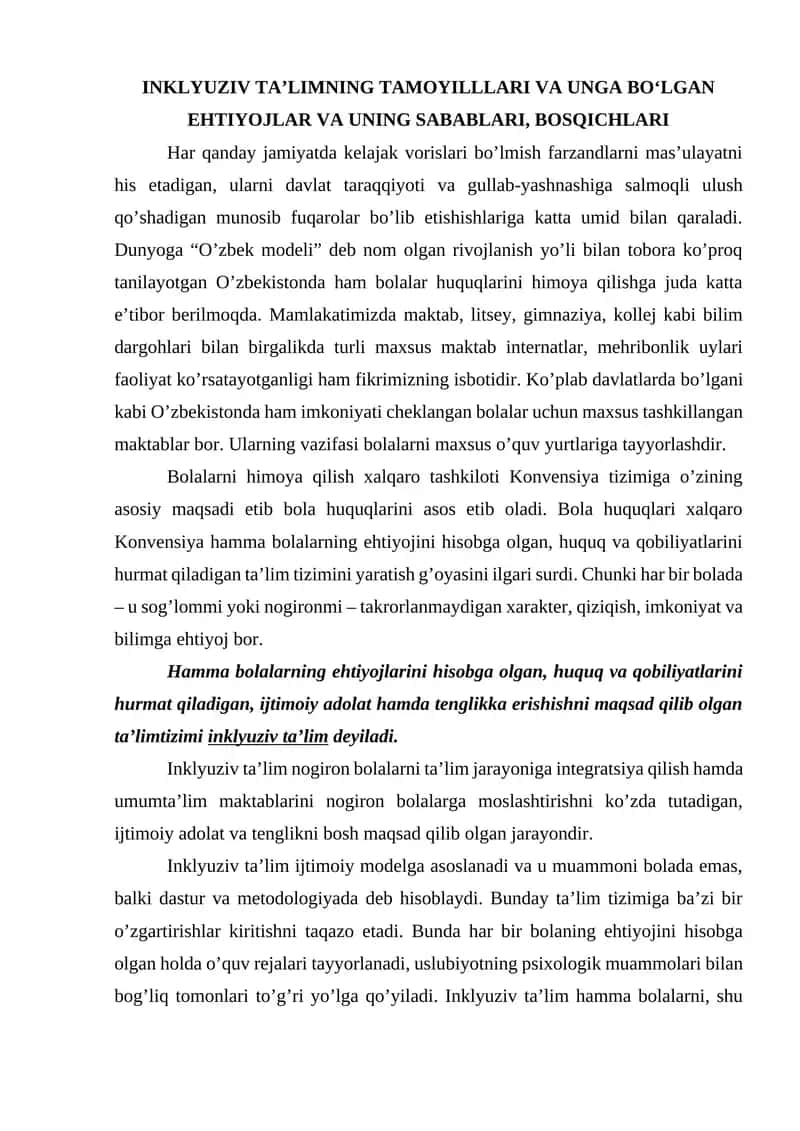 INKLYUZIV TAʼLIMNING TAMOYILLLARI VA UNGA BOʻLGAN EHTIYOJLAR VA UNING SABABLARI, BOSQICHLARI