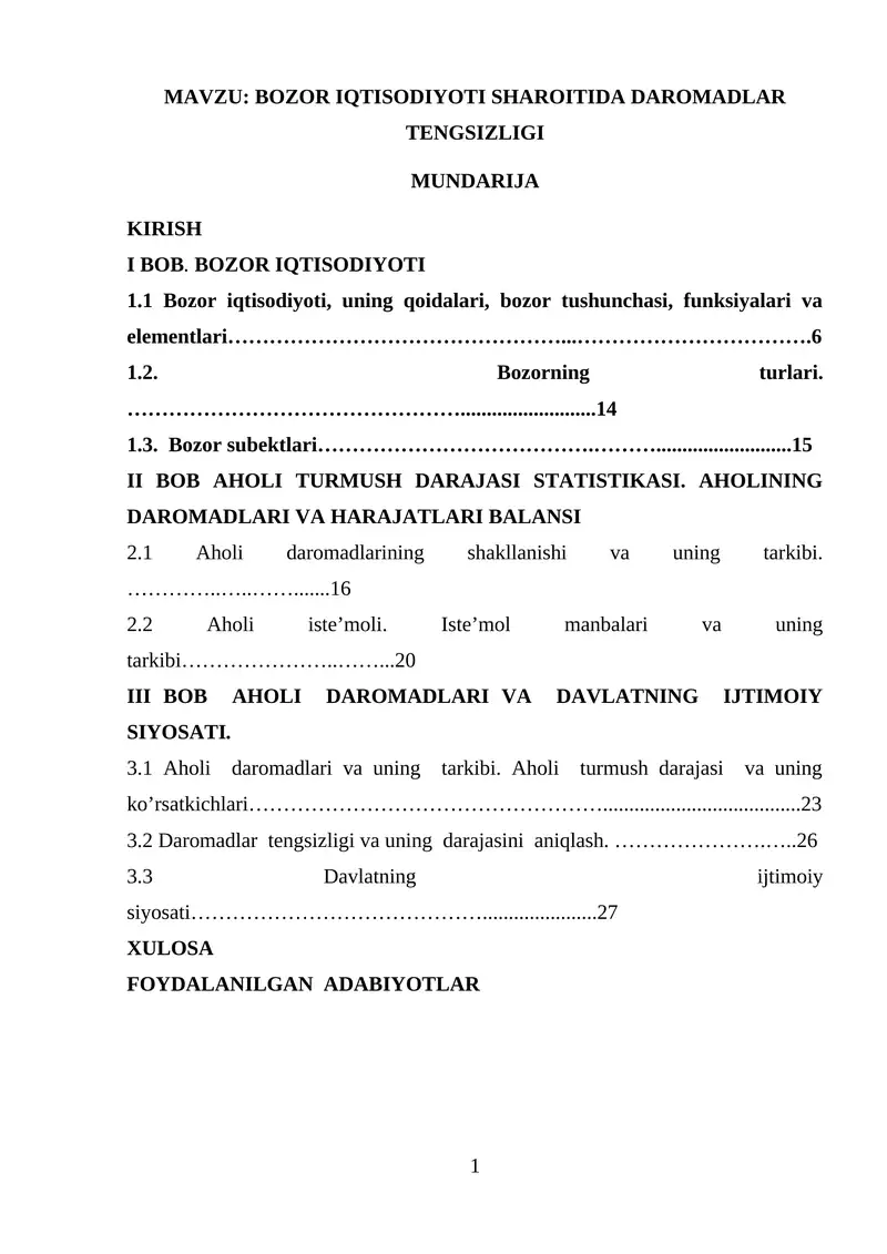 BOZOR IQTISODIYOTI SHAROITIDA DAROMADLAR TENGSIZLIGI