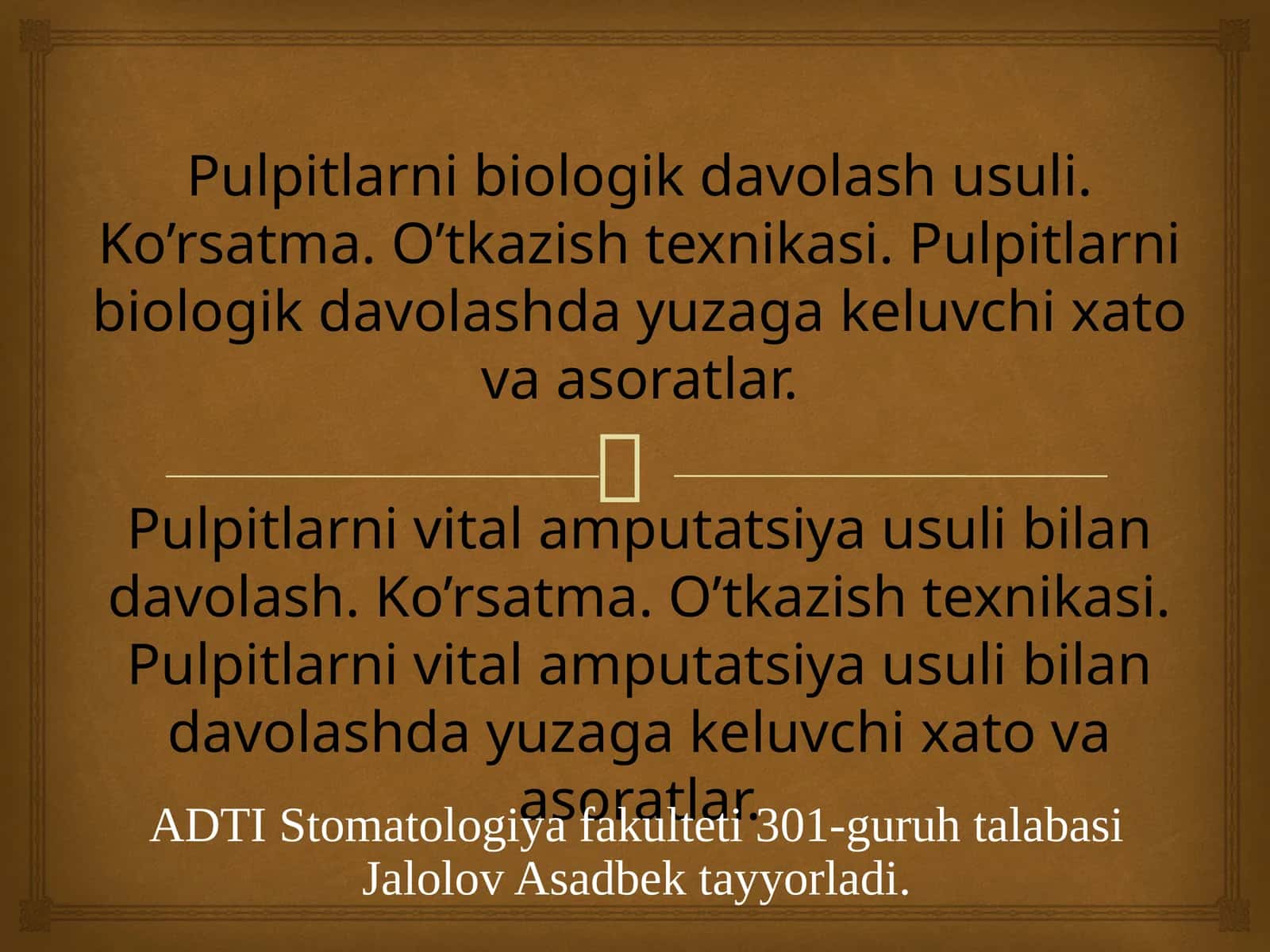 Pulpitlarni biologik davolash usuli. Ko’rsatma. O’tkazish texnikasi. Pulpitlarni biologik davolashda yuzaga keluvchi xato va asoratlar.