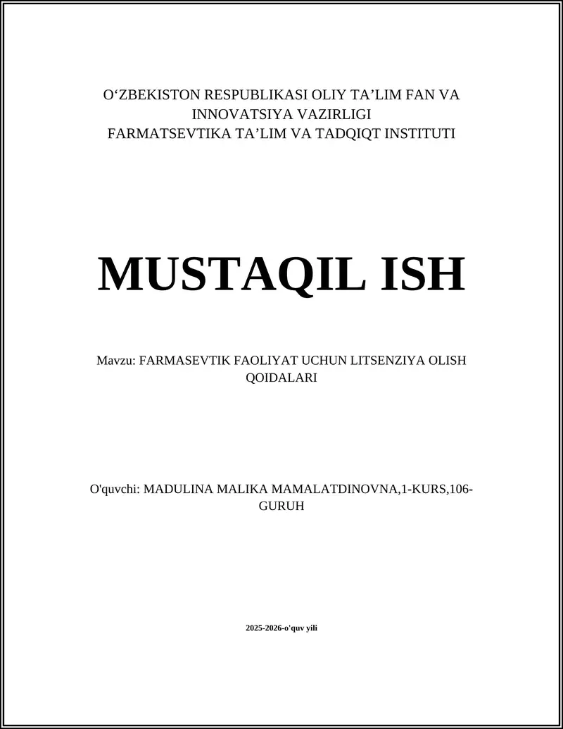 FARMASEVTIK FAOLIYAT UCHUN LITSENZIYA OLISH QOIDALARI
