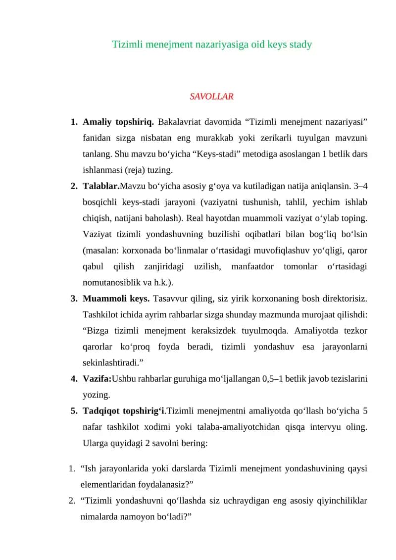 Tizimli menejment nazariyasiga oid keys stady