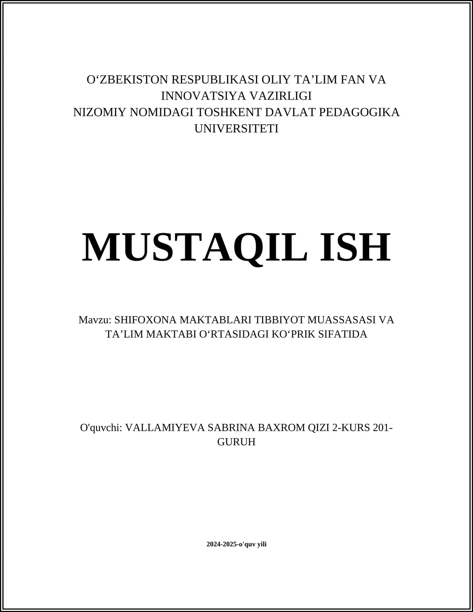 SHIFOXONA MAKTABLARI TIBBIYOT MUASSASASI VA TAʼLIM MAKTABI OʻRTASIDAGI KOʻPRIK SIFATIDA
