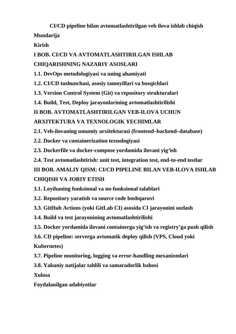 CI/CD pipeline bilan avtomatlashtirilgan veb ilova ishlab chiqish