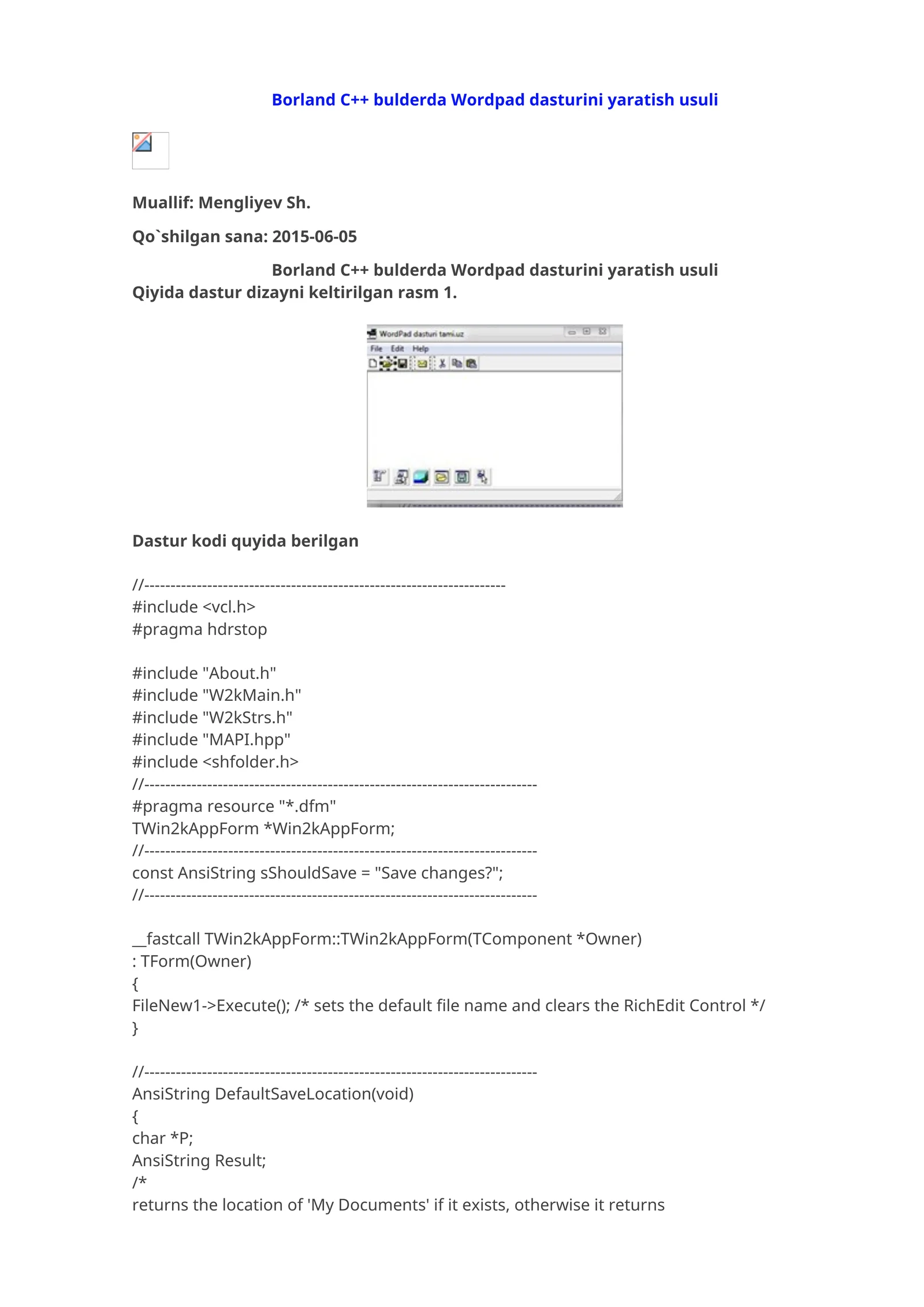 Borland C++ bulderda Wordpad dasturini yaratish usuli
