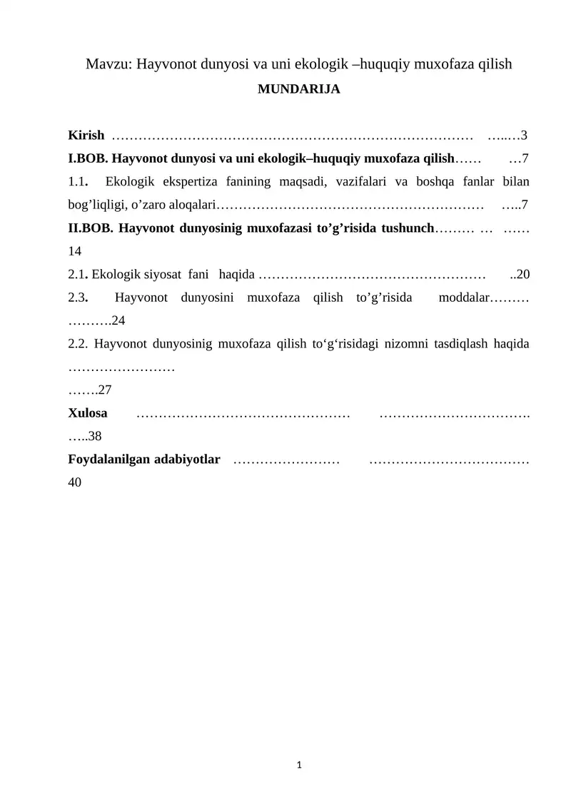 Hayvonot dunyosi va uni ekologik –huquqiy muxofaza qilish