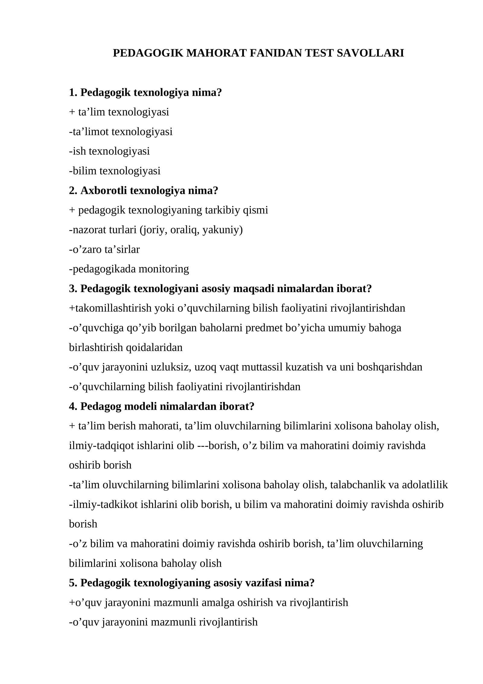 PEDAGOGIK MAHORAT FANIDAN KUZGI TEST SAVOLLARI 2025