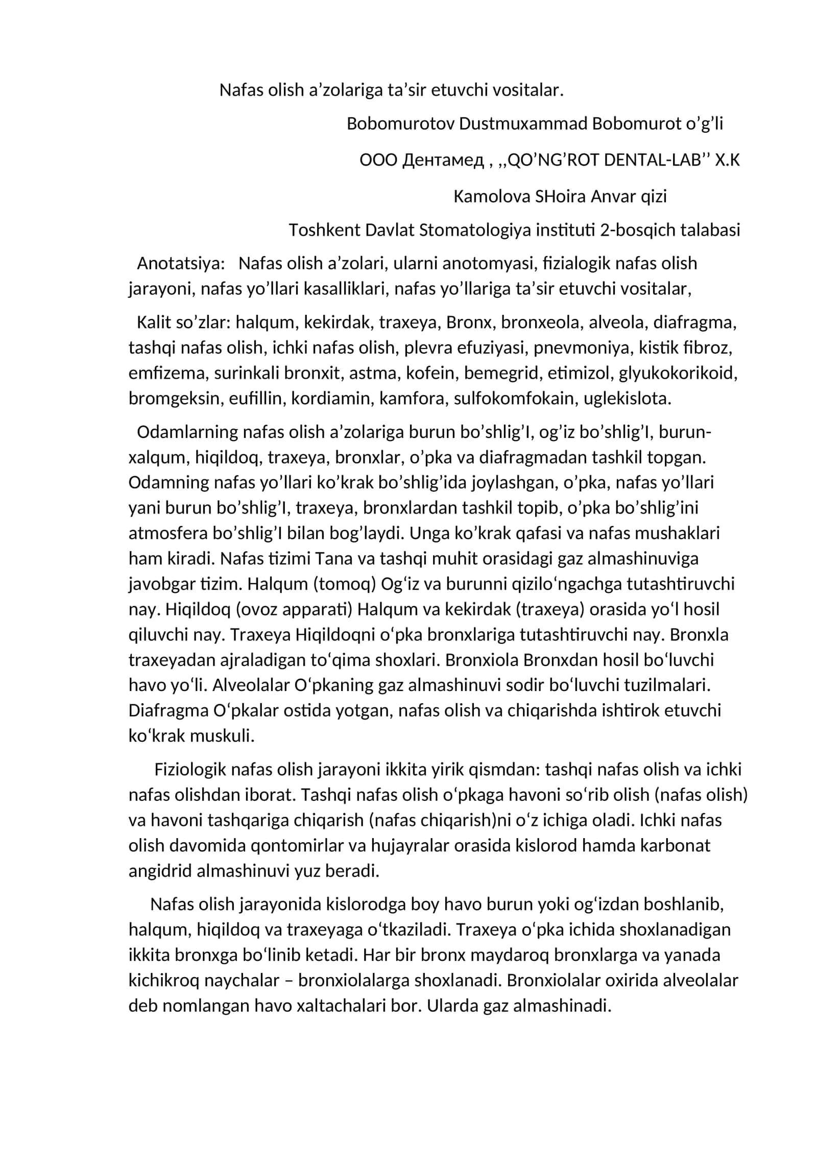 Nafas olish azolariga tasir etuvchi dorilar