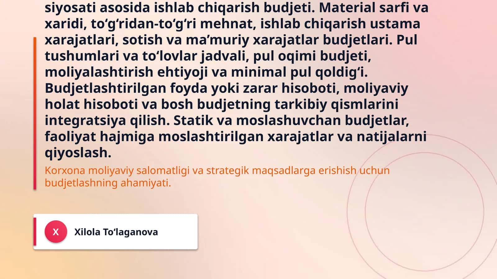 Budjetlashtirish va rejalashtirish Budjetning mazmuni, maqsadi, funksiyalari va strategik reja bilan o‘zaro bog‘liqligi. Budjet davri, budjet qo‘mitasi, budjet qo‘llanmasi, mas’uliyat markazlari va budjetlashtirish jarayonining tashkiliy bosqichlari. Yuqoridan pastga, pastdan yuqoriga va ishtirokchi budjetlashtirish yondashuvlari; budjet bo‘shlig‘i va xulq-atvor omillari. Sotuv prognozi va sotuv budjeti, tayyor mahsulot zaxirasi siyosati asosida ishlab chiqarish budjeti. Material sarfi va xaridi