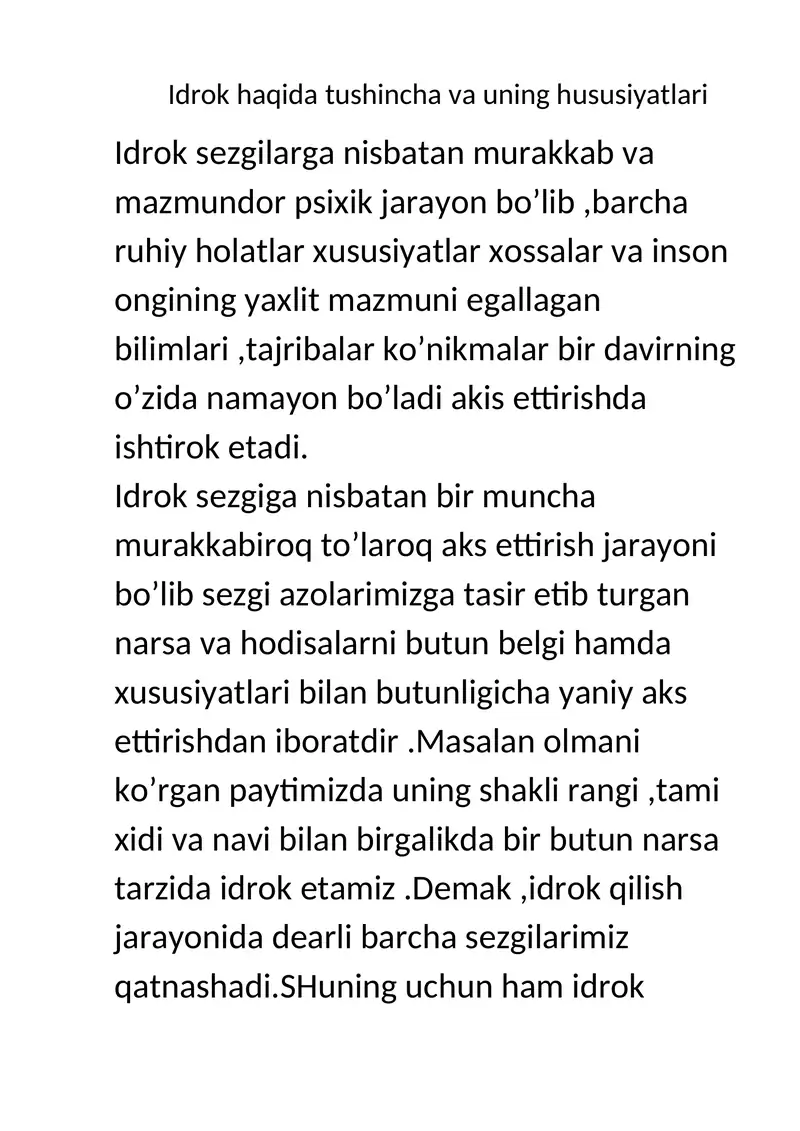 Idrok haqida tushuncha va uning hususiyatlari