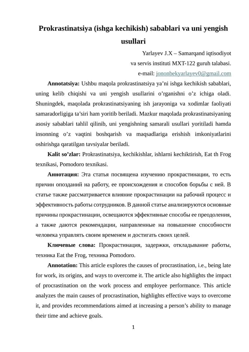 Prokrastinatsiya (ishga kechikish) sabablari va uni yengish usullari