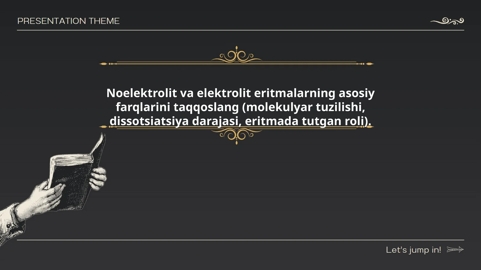 Noelektrolit va elektrolit eritmalarning asosiy farqlarini taqqoslang (molekulyar tuzilishi, dissotsiatsiya darajasi, eritmada tutgan roli)