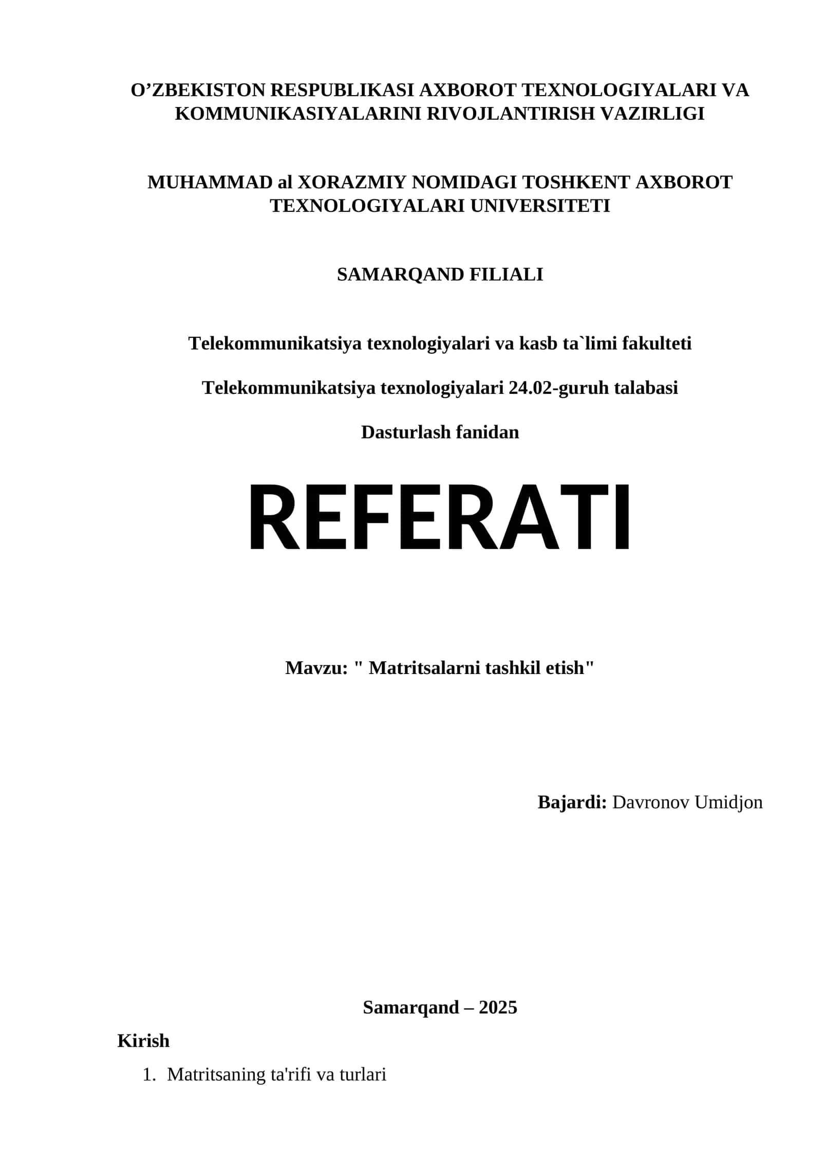 Matritsalarni tashkil etish