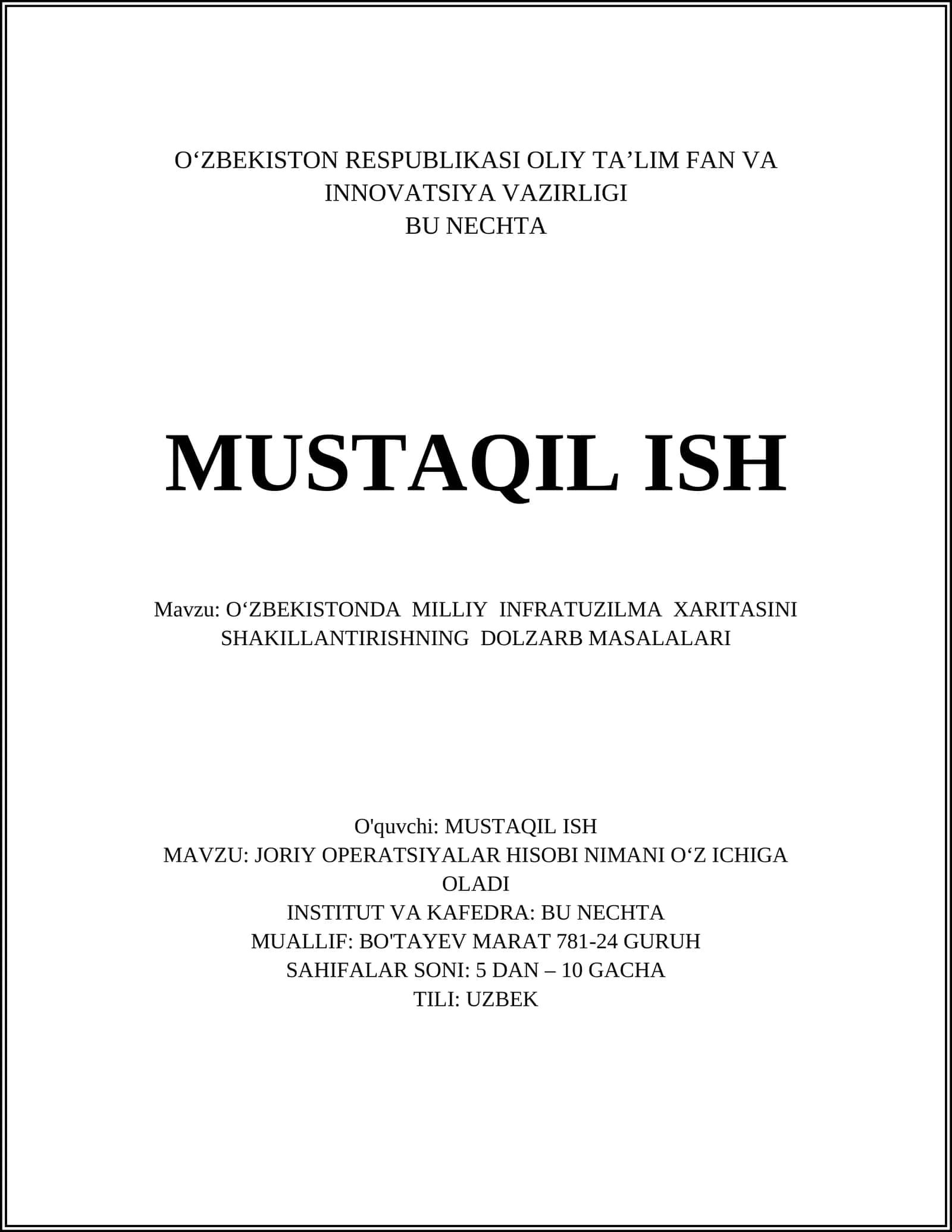 O‘ZBEKISTONDA MILLIY INFRATUZILMA XARITASINI SHAKILLANTIRISHNING DOLZARB MASALALARI