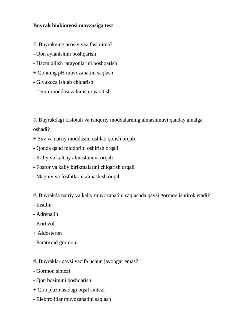 Buyrak biokimyosi mavzusiga test