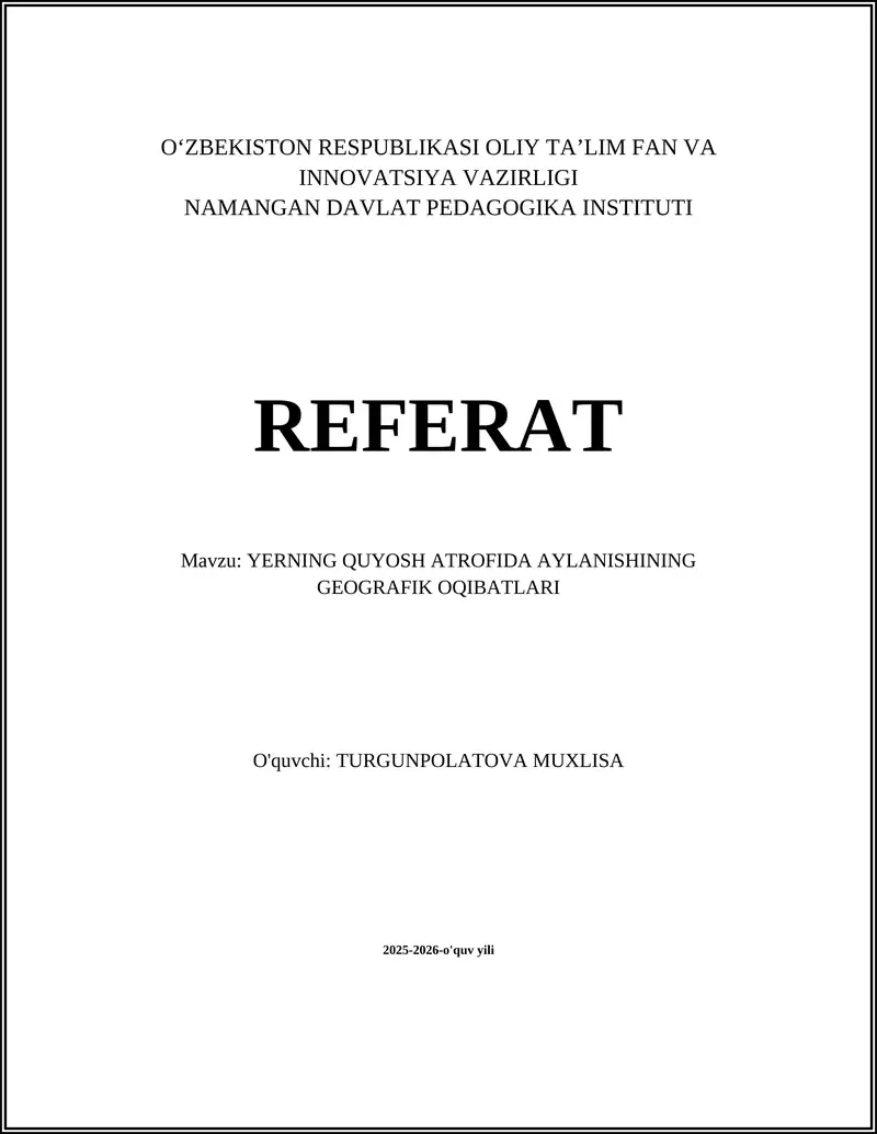 Yerning Quyosh Atrofida Aylanishining Geografik Oqibatlari