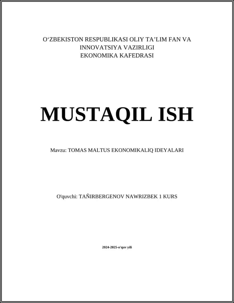 TOMAS MALTUS EKONOMIKALIQ IDEYALARI