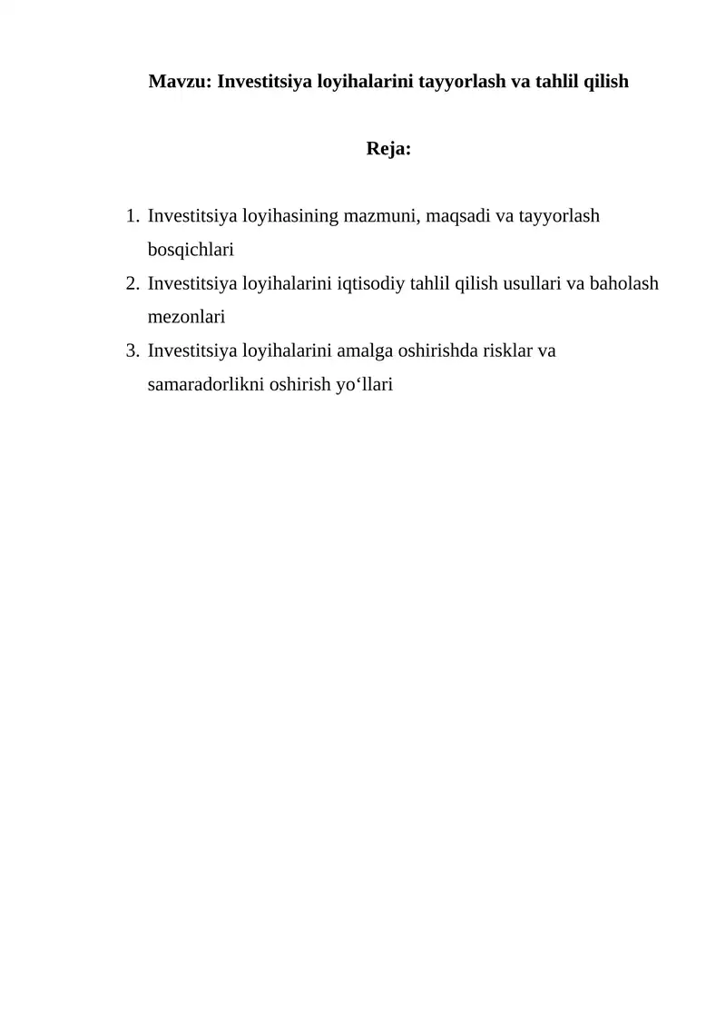 Investitsiya loyihalarini tayyorlash va tahlil qilish