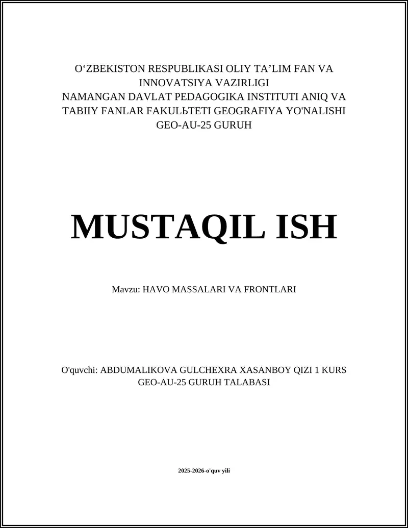 HAVO MASSALARI VA FRONTLARI