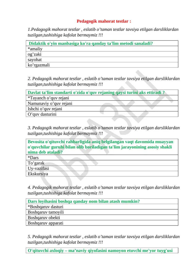 Pedagogik mahorat testlar