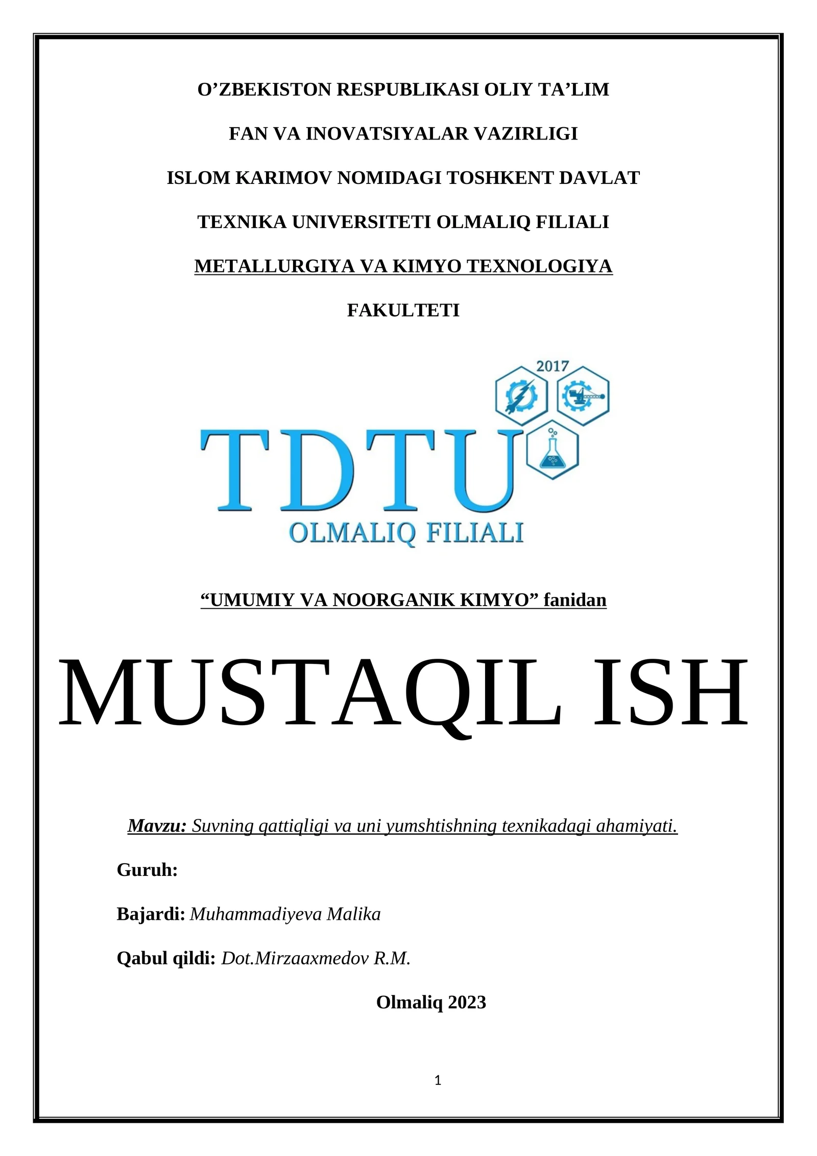 Umumiy va noorganik kimyo fanidan mustaqil ish