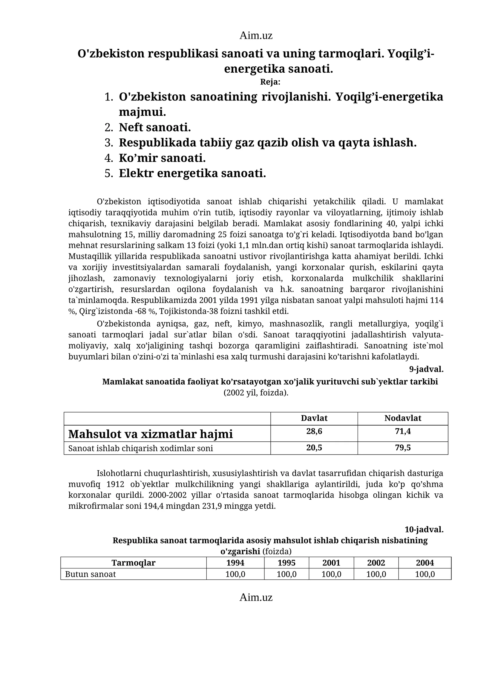 O'zbekiston sanoati va uning tarmoqlari