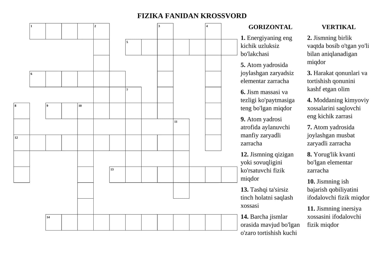 FIZIKA FANIDAN KROSSVORD