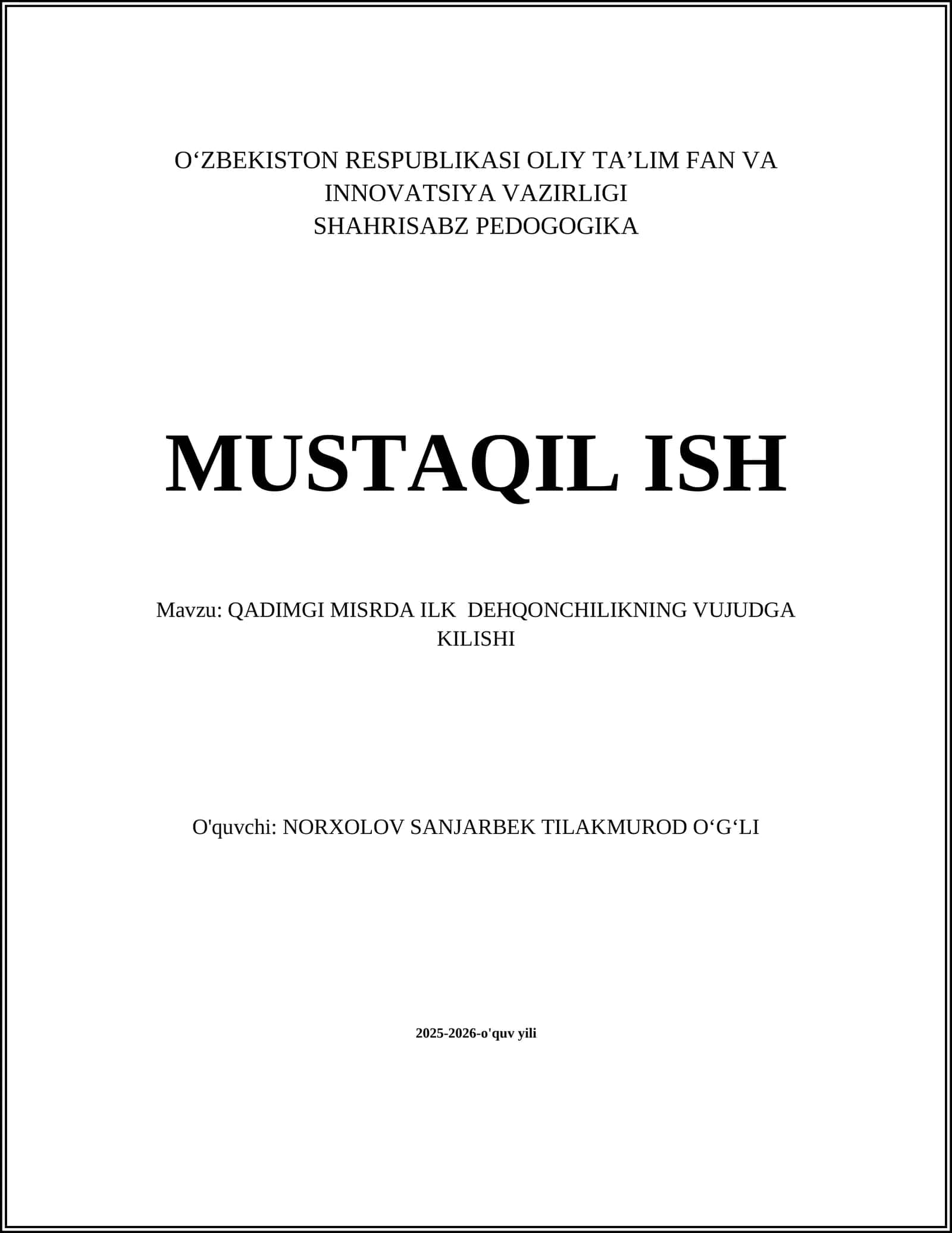 QADIMGI MISRDA ILK DEHQONCHILIKNING VUJUDGA KILISHI