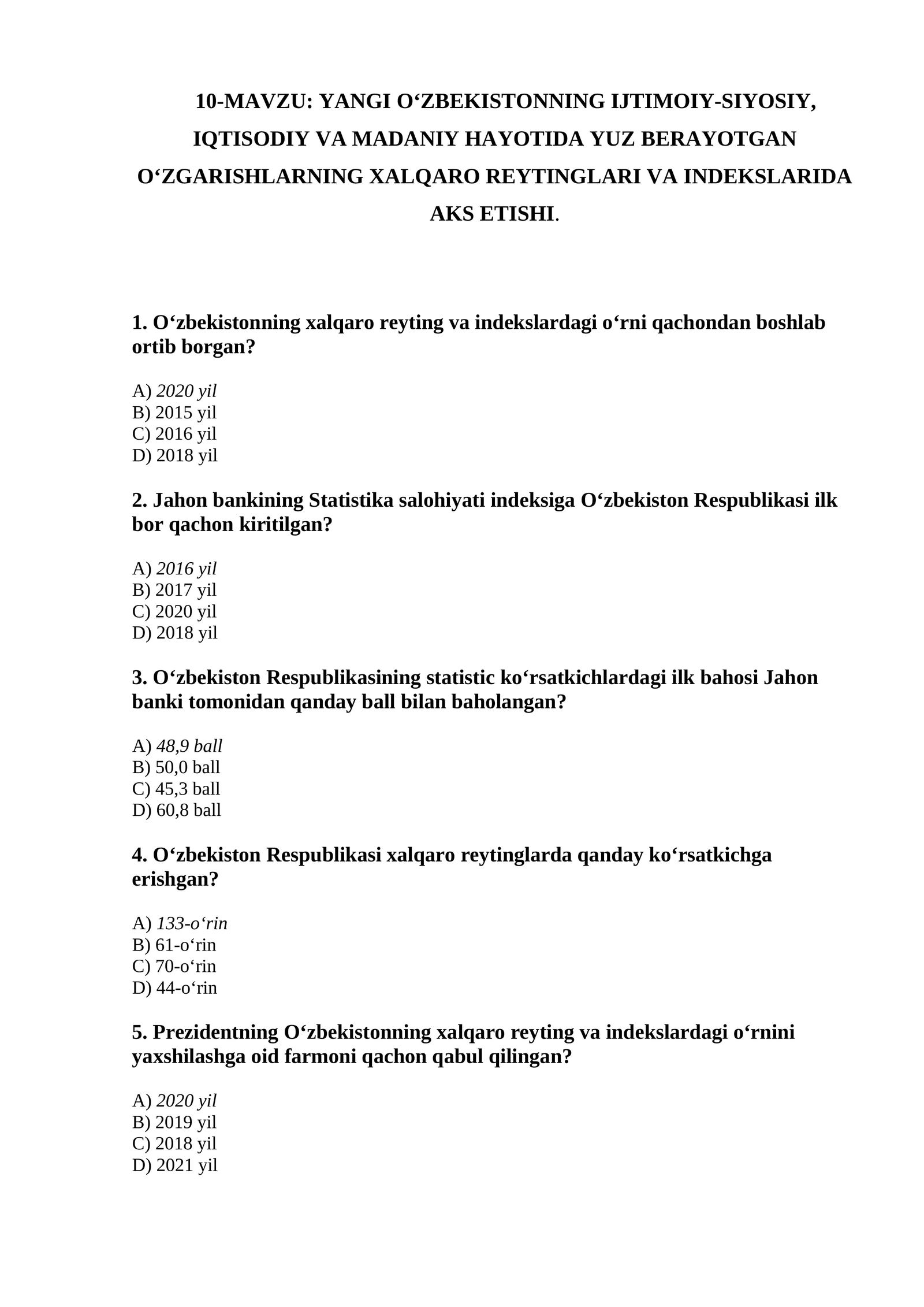 O‘zbekistonning xalqaro reyting va indekslardagi o‘rni