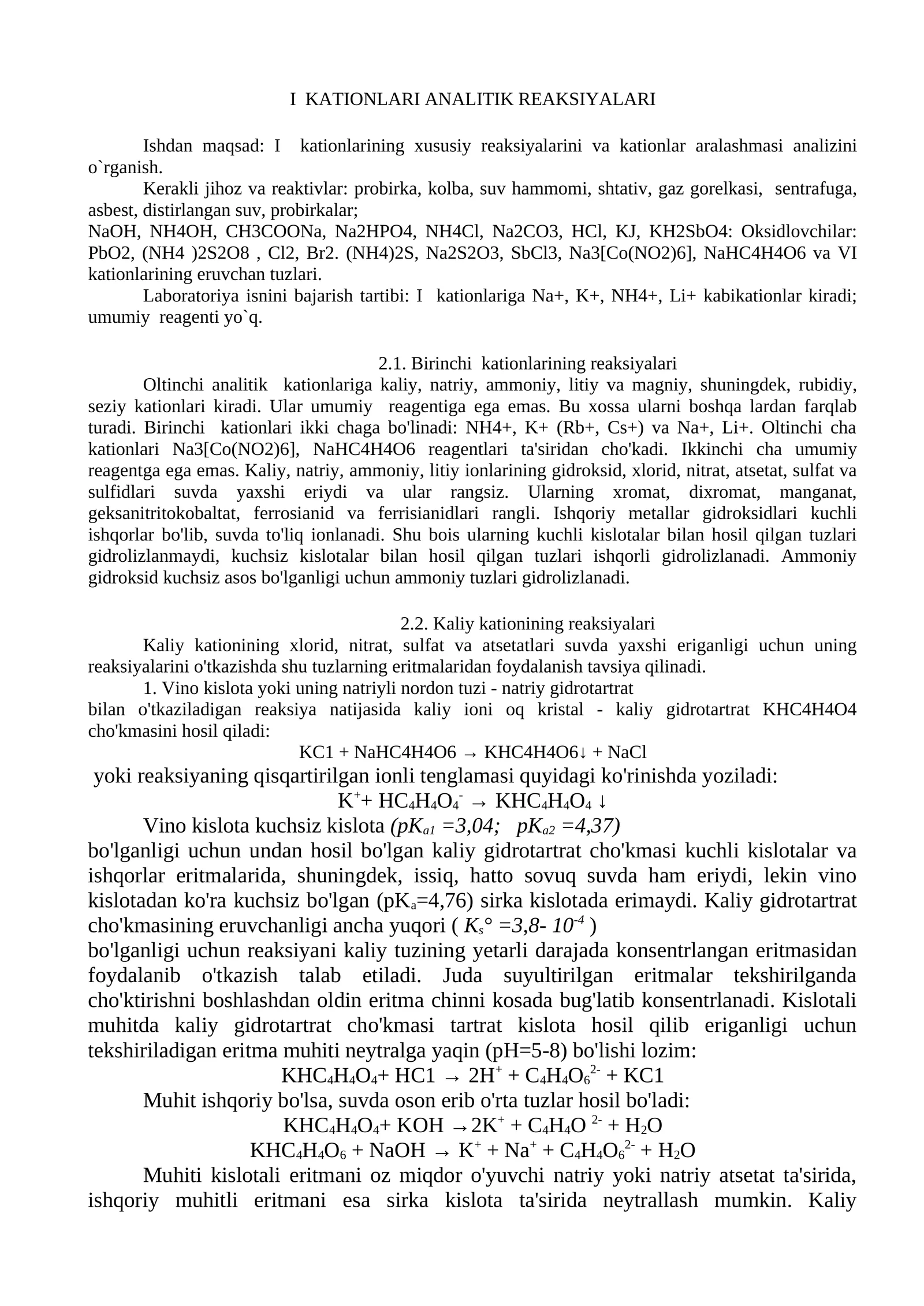 I KATIONLARI ANALITIK REAKSIYALARI