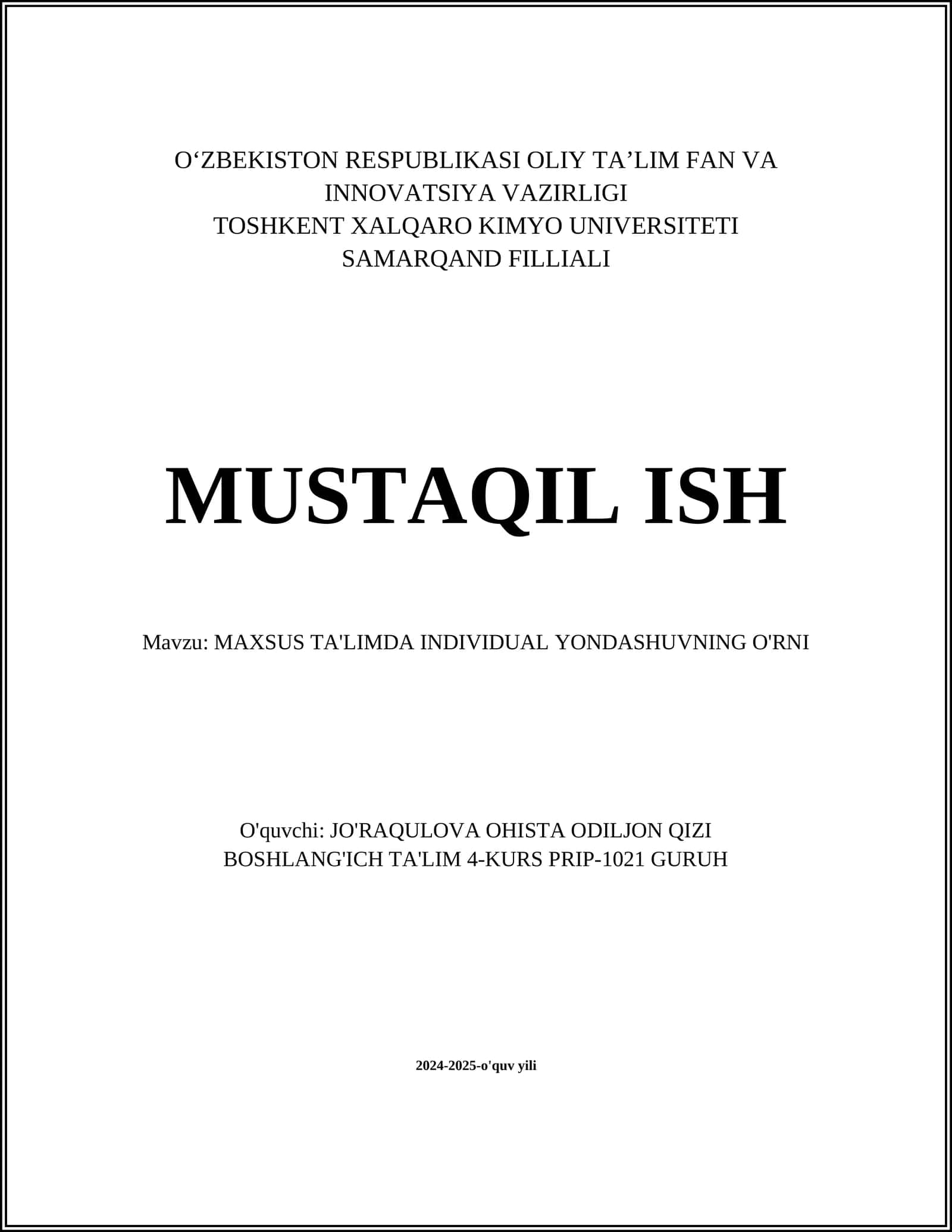 MAXSUS TA'LIMDA INDIVIDUAL YONDASHUVNING O'RNI