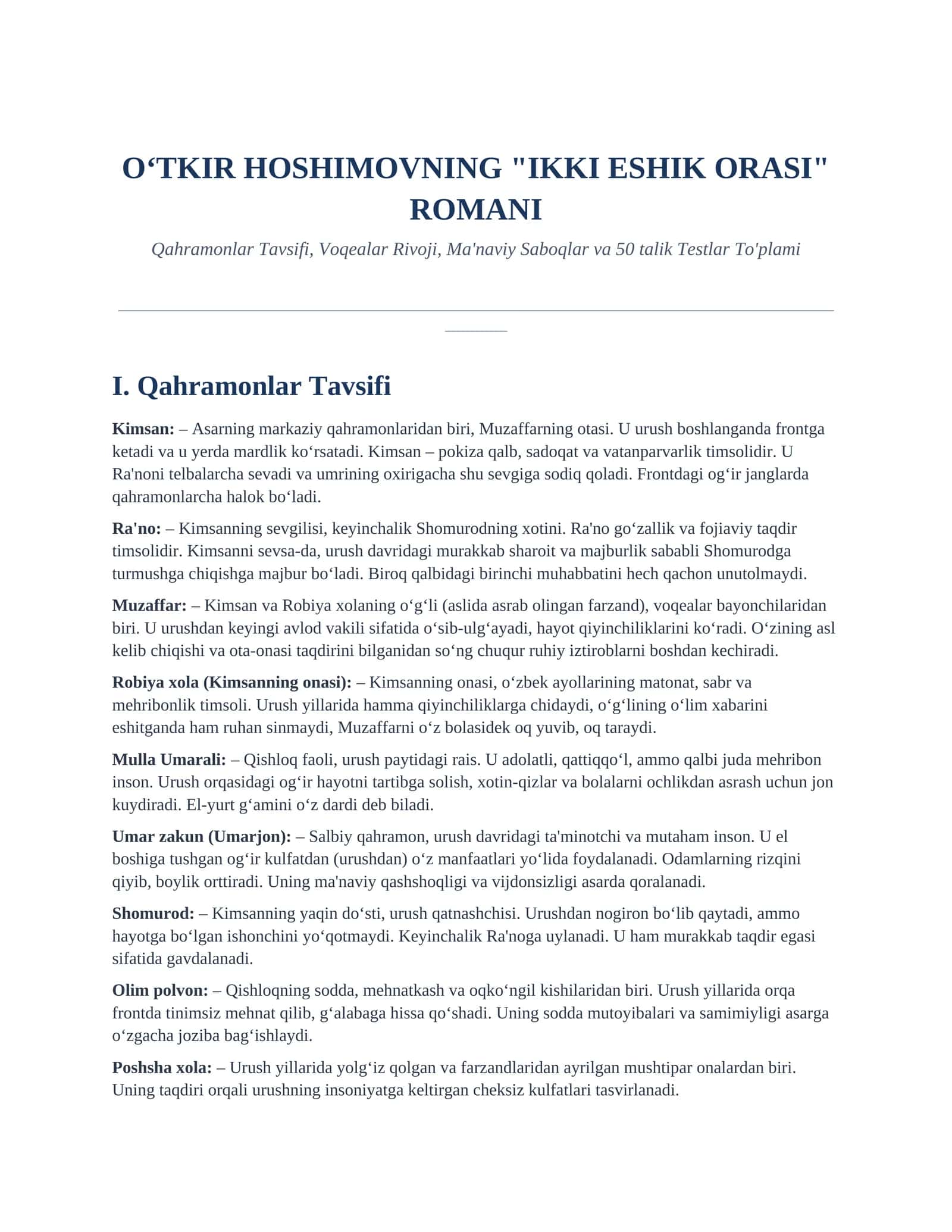 O'TKIR HOSHIMOVNING "IKKI ESHIK ORASI" ROMANI