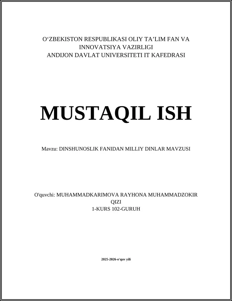 DINSHUNOSLIK FANIDAN MILLIY DINLAR MAVZUSI