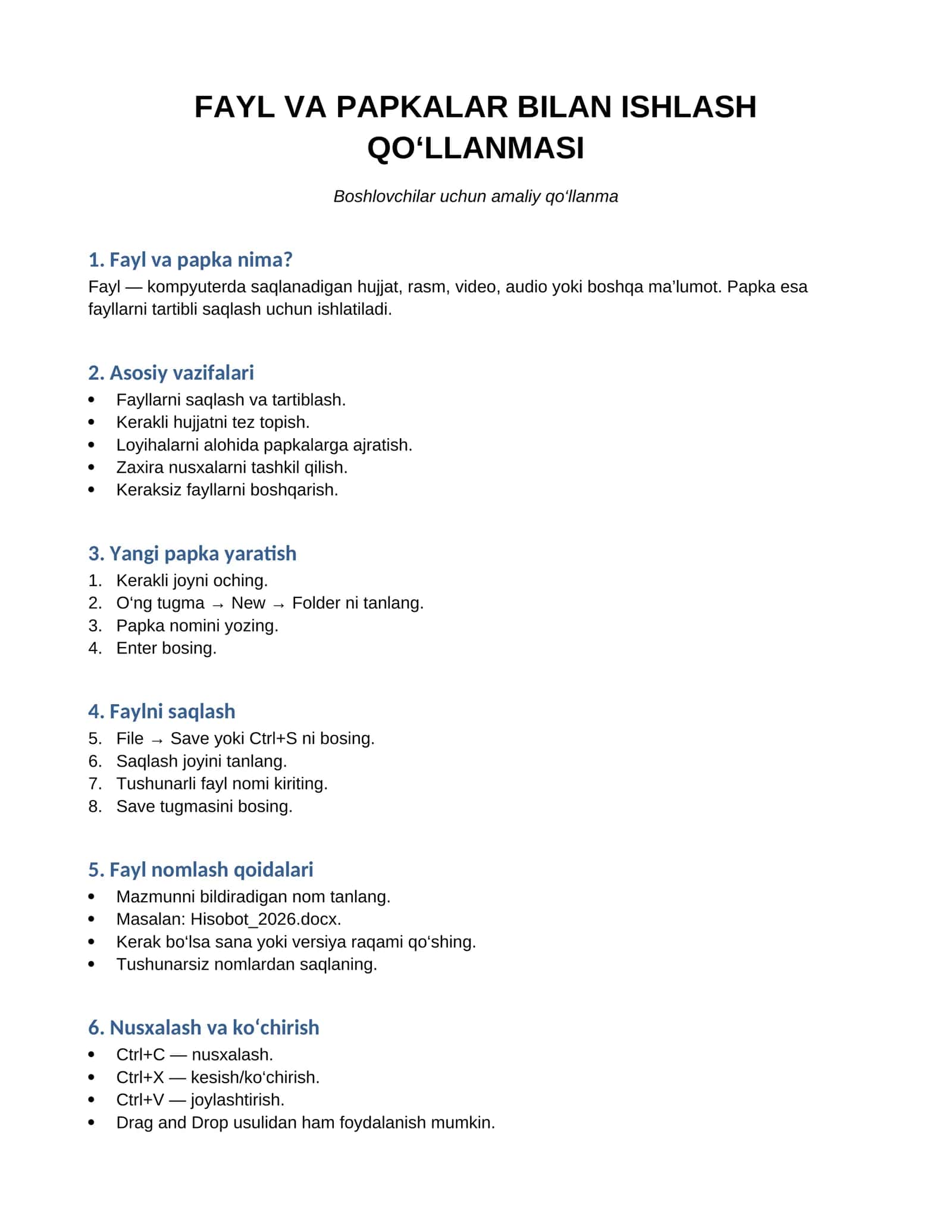 Fayl va Papkalar Bilan Ishlash Qo‘llanmasi