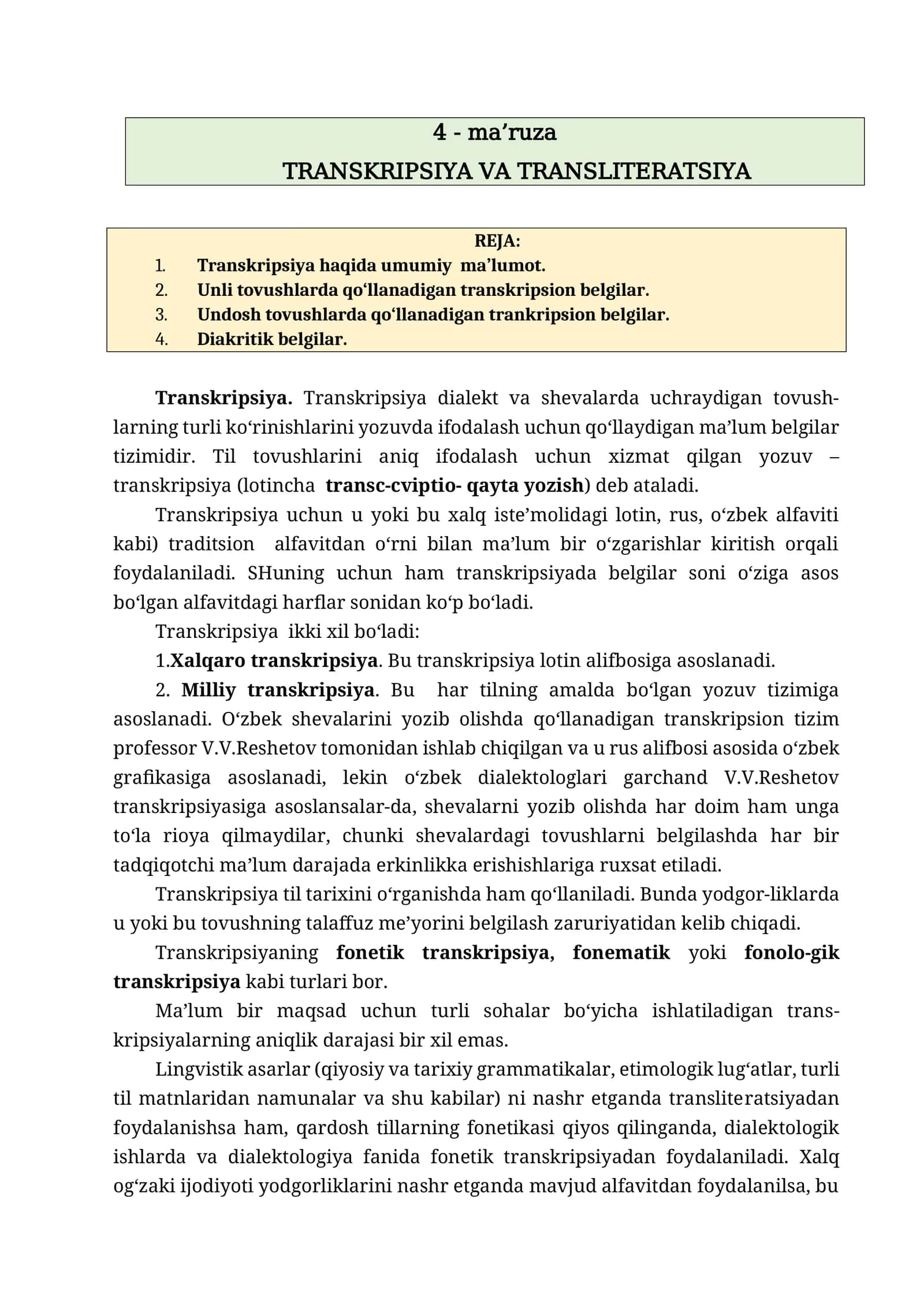 TRANSKRIPSIYA VA TRANSLITERATSIYA