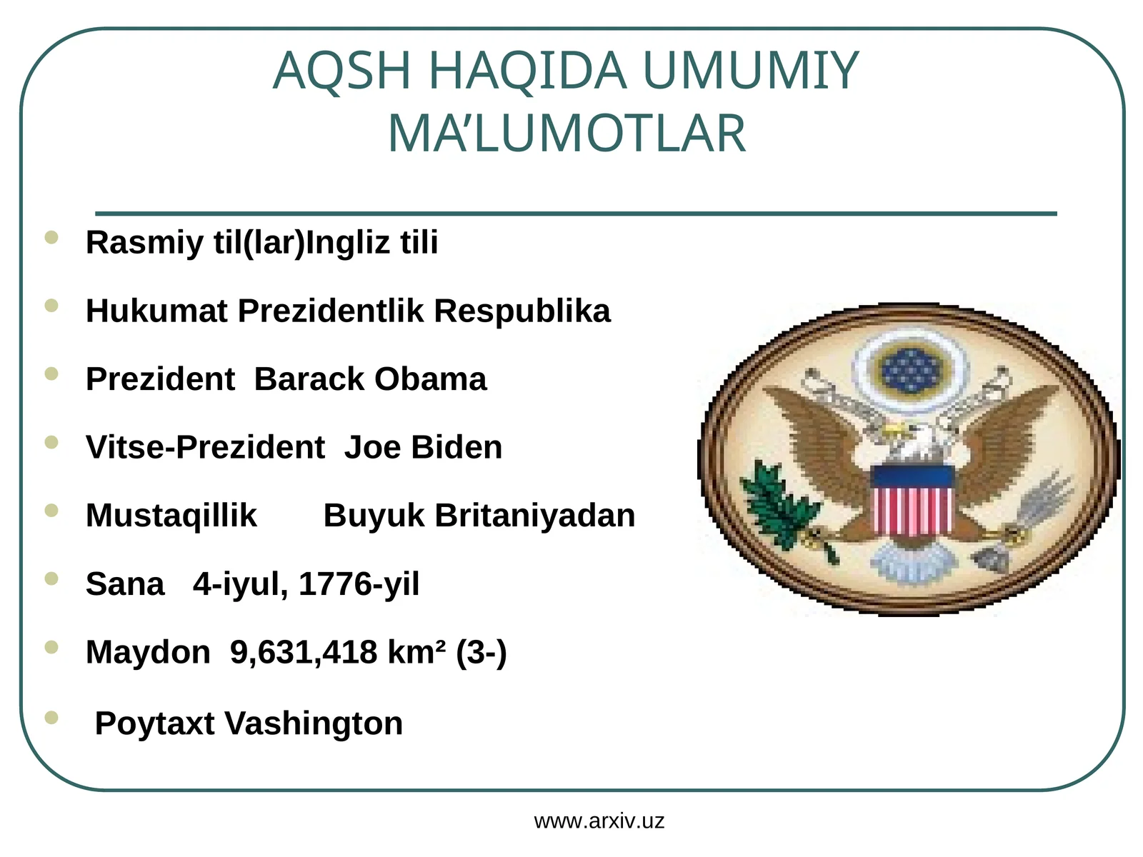 AQSH HAQIDA UMUMIY MA’LUMOTLAR