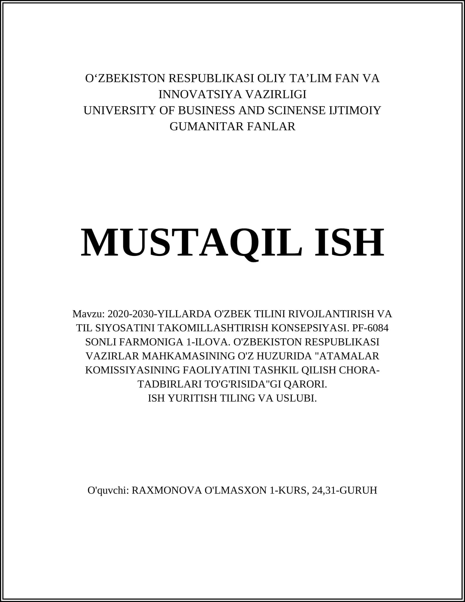 O'zbek Tilini Rivojlantirish va Til Siyosatini Takomillashtirish Konsepsiyasi