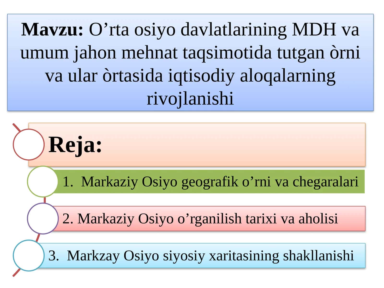 O’rta osiyodavlatlarining MDH va umumiy jahon mehnati taqsimoti