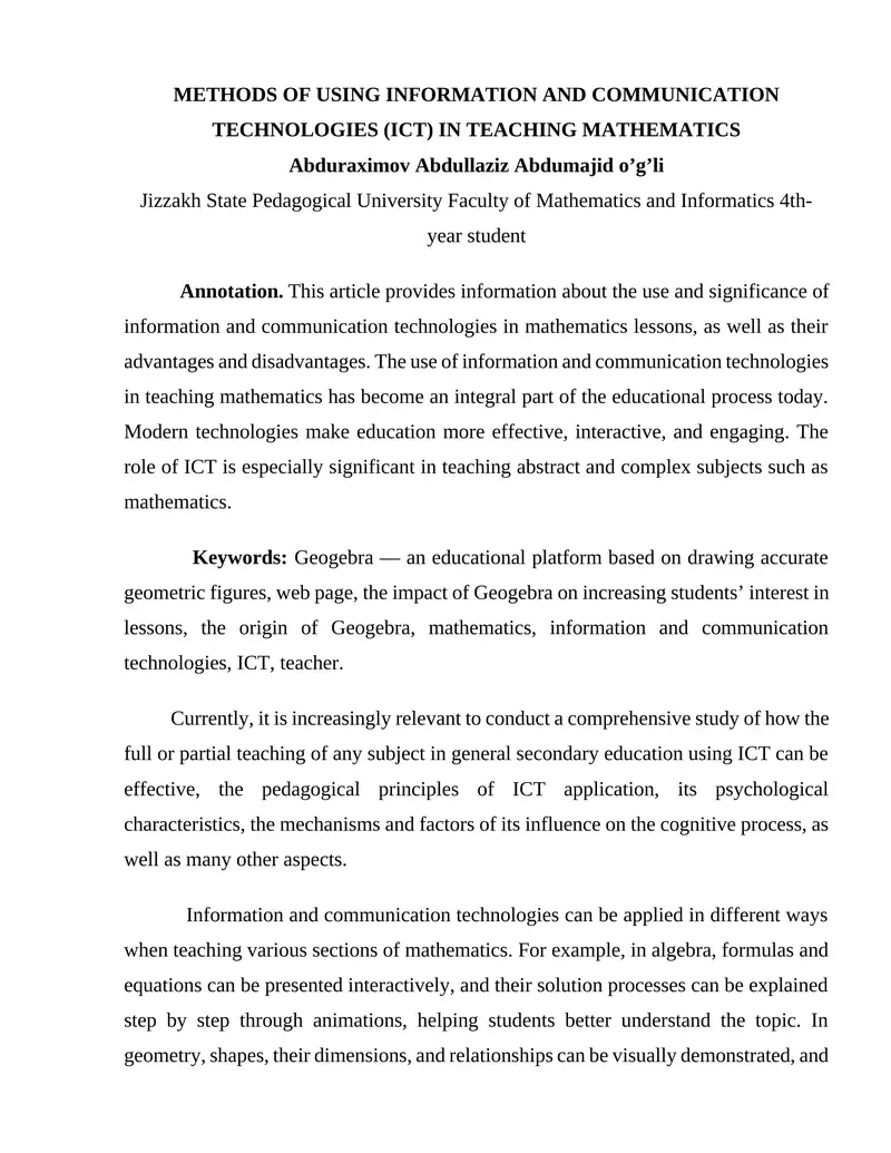 METHODS OF USING INFORMATION AND COMMUNICATION TECHNOLOGIES (ICT) IN TEACHING MATHEMATICS