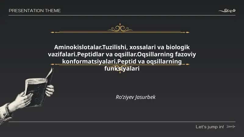 Aminokislotalar.Tuzilishi, xossalari va biologik vazifalari.Peptidlar va oqsillar.Oqsillarning fazoviy konformatsiyalari.Peptid va oqsillarning funksiyalari