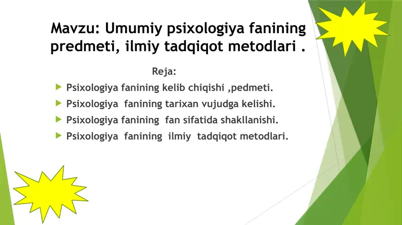 Umumiy psixologiya fanining predmeti, ilmiy tadqiqot metodlari