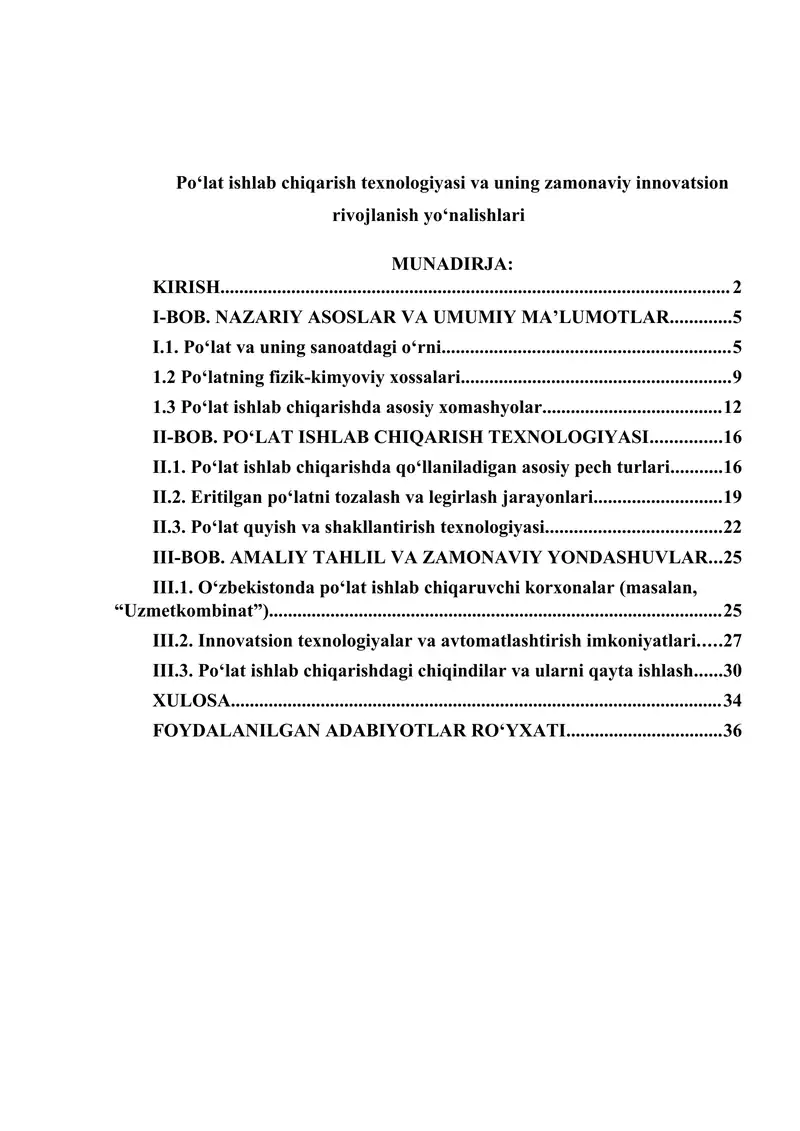 Po‘lat ishlab chiqarish texnologiyasi va uning zamonaviy innovatsion rivojlanish yo‘nalishlari