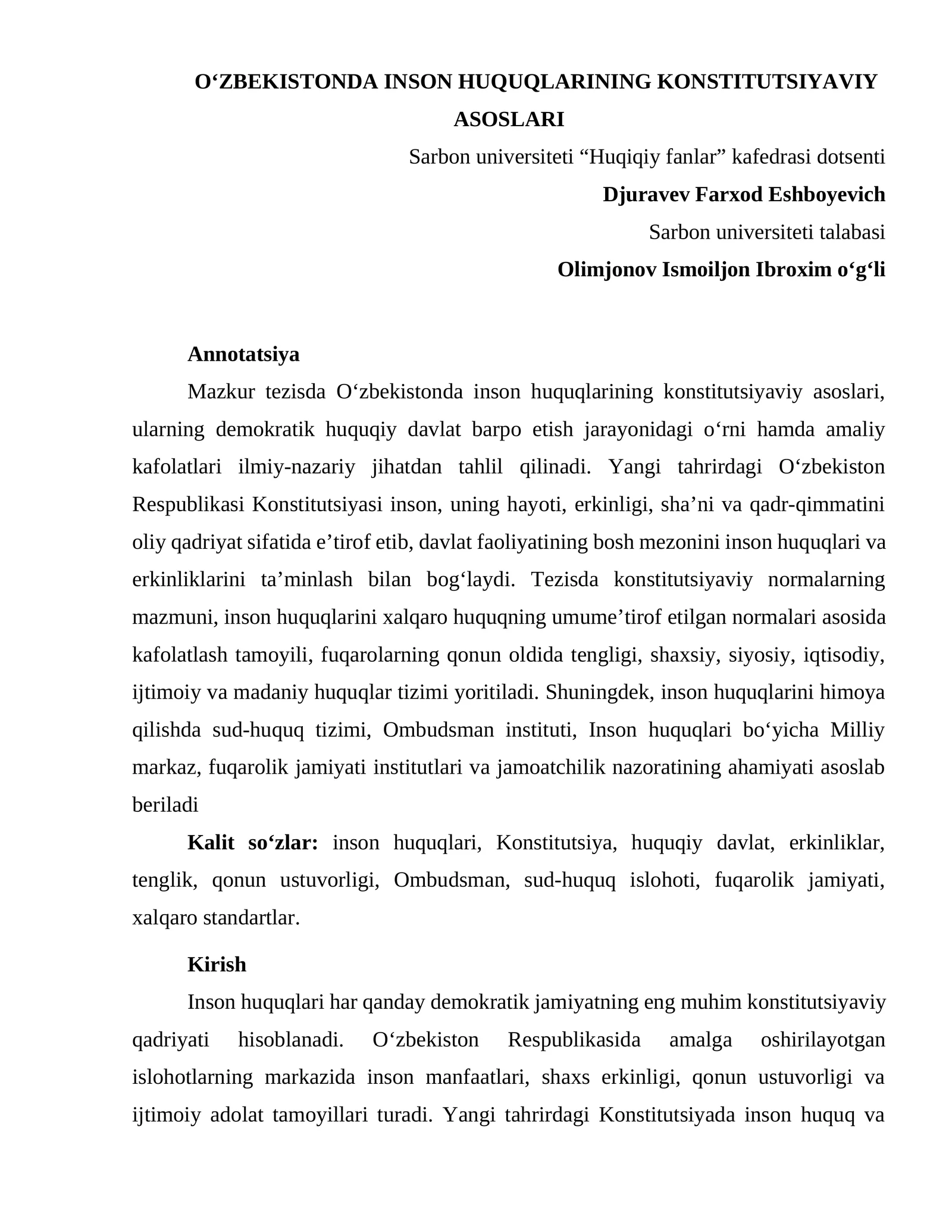 O‘ZBEKISTONDA INSON HUQUQLARINING KONSTITUTSIYAVIY ASOSLARI