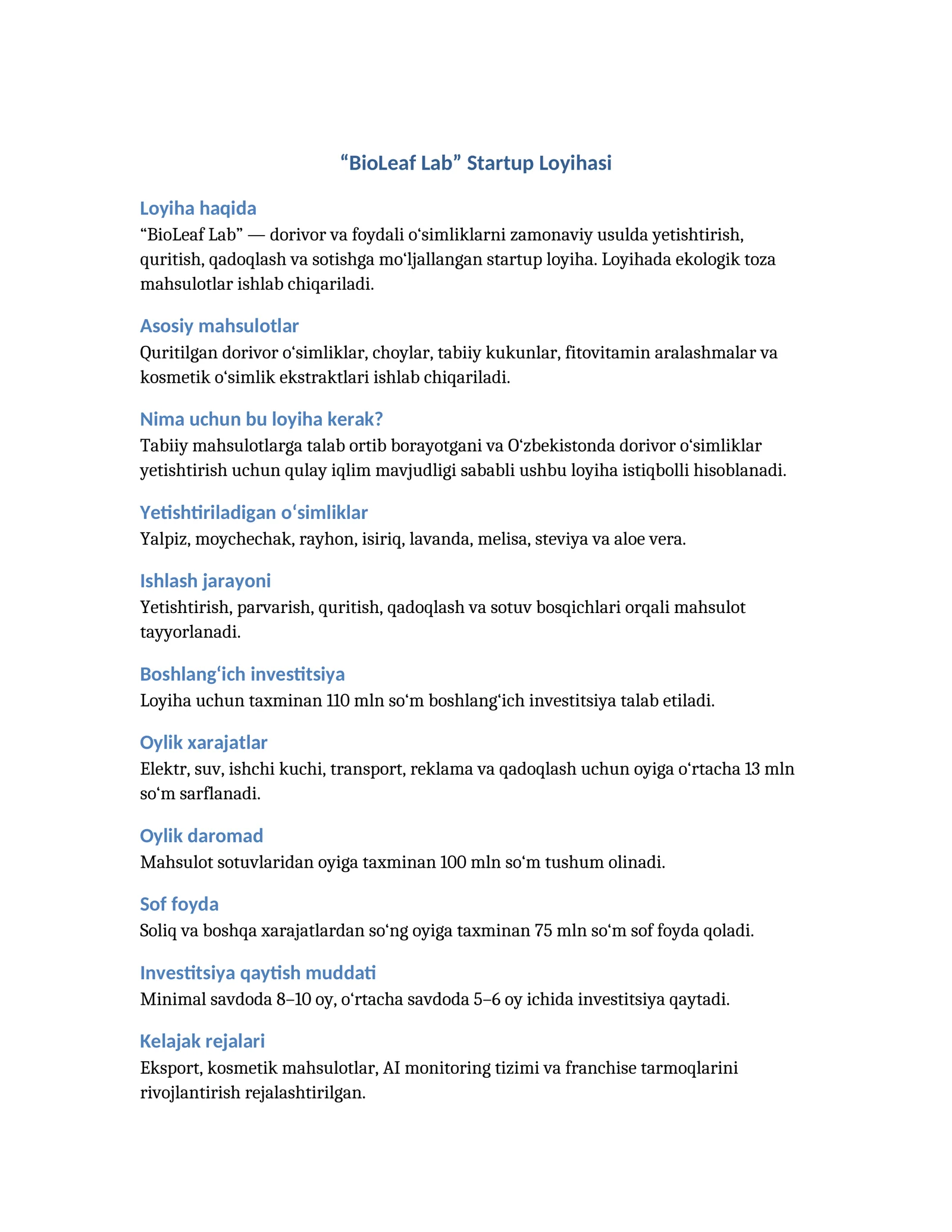 “BioLeaf Lab” Startup Loyihasi