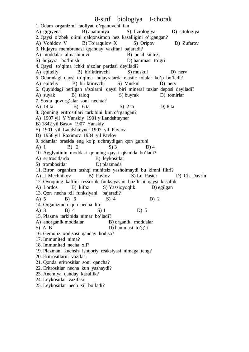 8-sinf biologiya I-chorak