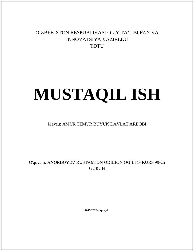 AMUR TEMUR BUYUK DAVLAT ARBOBI